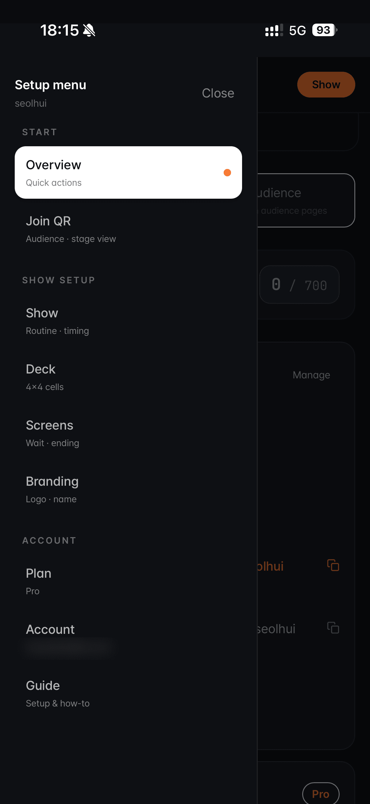 Show setup menu