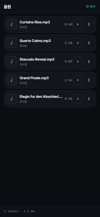 CueGO audio library — five tracks with file name, length and a Ready marker, with the total track count and size at the bottom.
